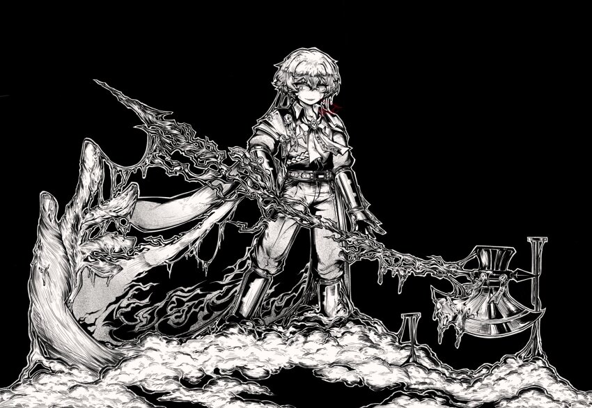 1boy armor black_background collared_shirt full_body highres limbus_company looking_at_viewer male_focus monochrome n_corp._fanatic_(identity)_(project_moon) necktie project_moon shirt short_hair simple_background sinclair_(project_moon) smile solo standing wax_seal zeremi0102