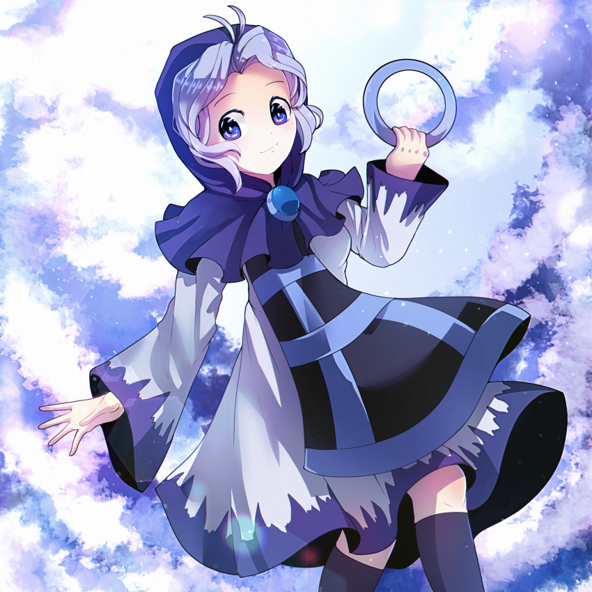 1girl absurdres black_socks blue_background blue_eyes blue_hair closed_mouth cloud dress dungeon_toaster feet_out_of_frame highres hood hood_up kneehighs kumoi_ichirin light_smile long_sleeves looking_at_viewer short_hair simple_background sky smile socks solo touhou wide_sleeves