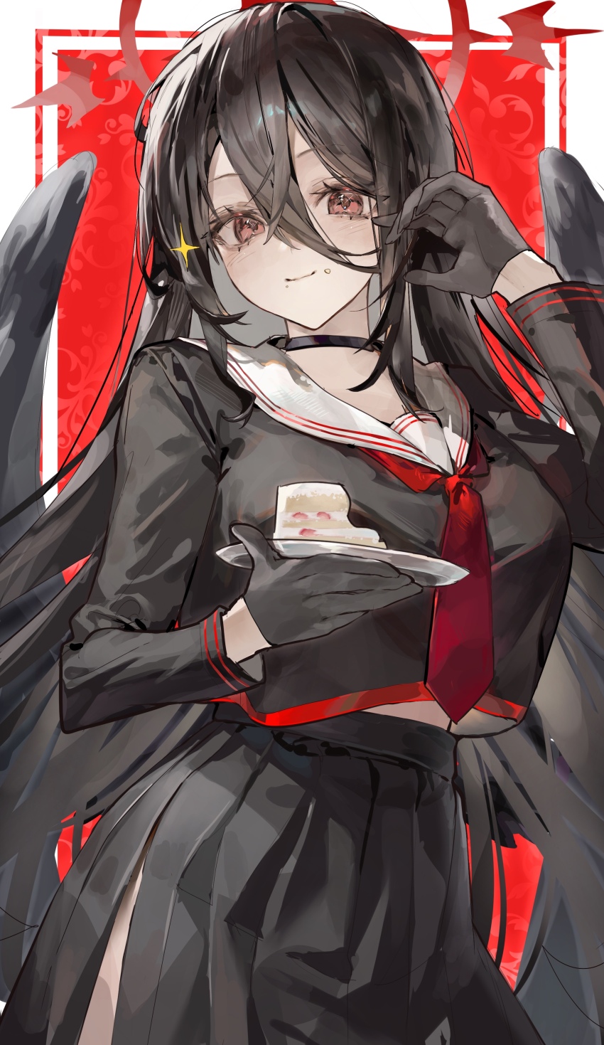 1girl absurdres black_choker black_gloves black_hair black_sailor_collar black_serafuku black_shirt black_skirt black_wings blue_archive blush breasts cake cake_slice choker closed_mouth commentary_request feathered_wings food gloves hair_between_eyes halo hand_up hasumi_(blue_archive) highres holding holding_plate kabi_(zcwd8845) large_breasts long_hair long_hair_between_eyes long_sleeves looking_at_viewer low_wings midriff_peek mole mole_under_eye necktie plate pleated_skirt red_eyes red_halo red_necktie sailor_collar school_uniform serafuku shirt side_slit skirt smile solo very_long_hair wings