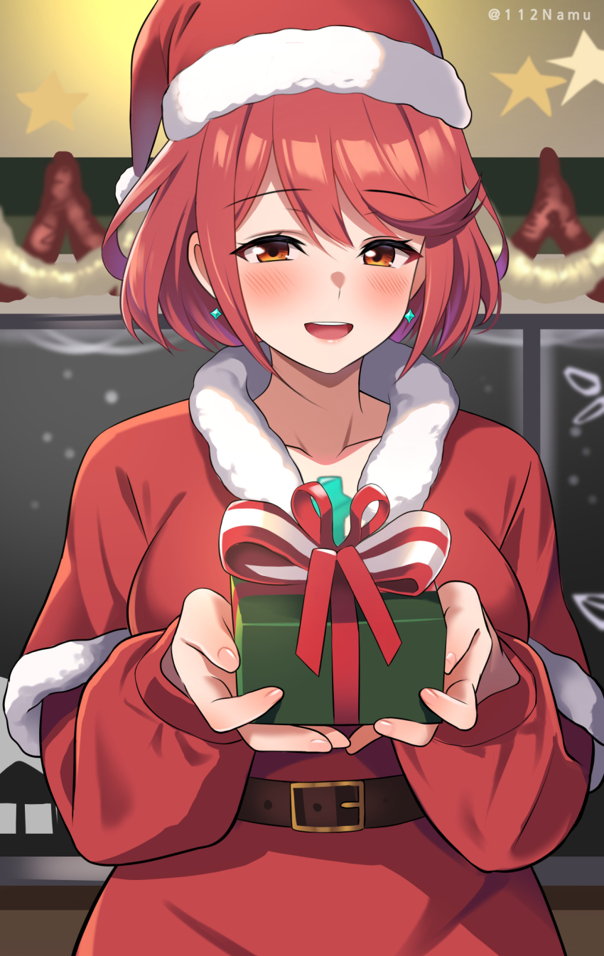 1girl belt blurry blurry_background blush bob_cut breasts christmas coat collarbone commentary_request commission fur-trimmed_coat fur_trim gift hat highres holding holding_gift large_breasts looking_at_viewer medium_hair namu_(112namu) open_mouth pixiv_commission pyra_(xenoblade) red_coat red_hair santa_hat smile solo swept_bangs xenoblade_chronicles_(series) xenoblade_chronicles_2