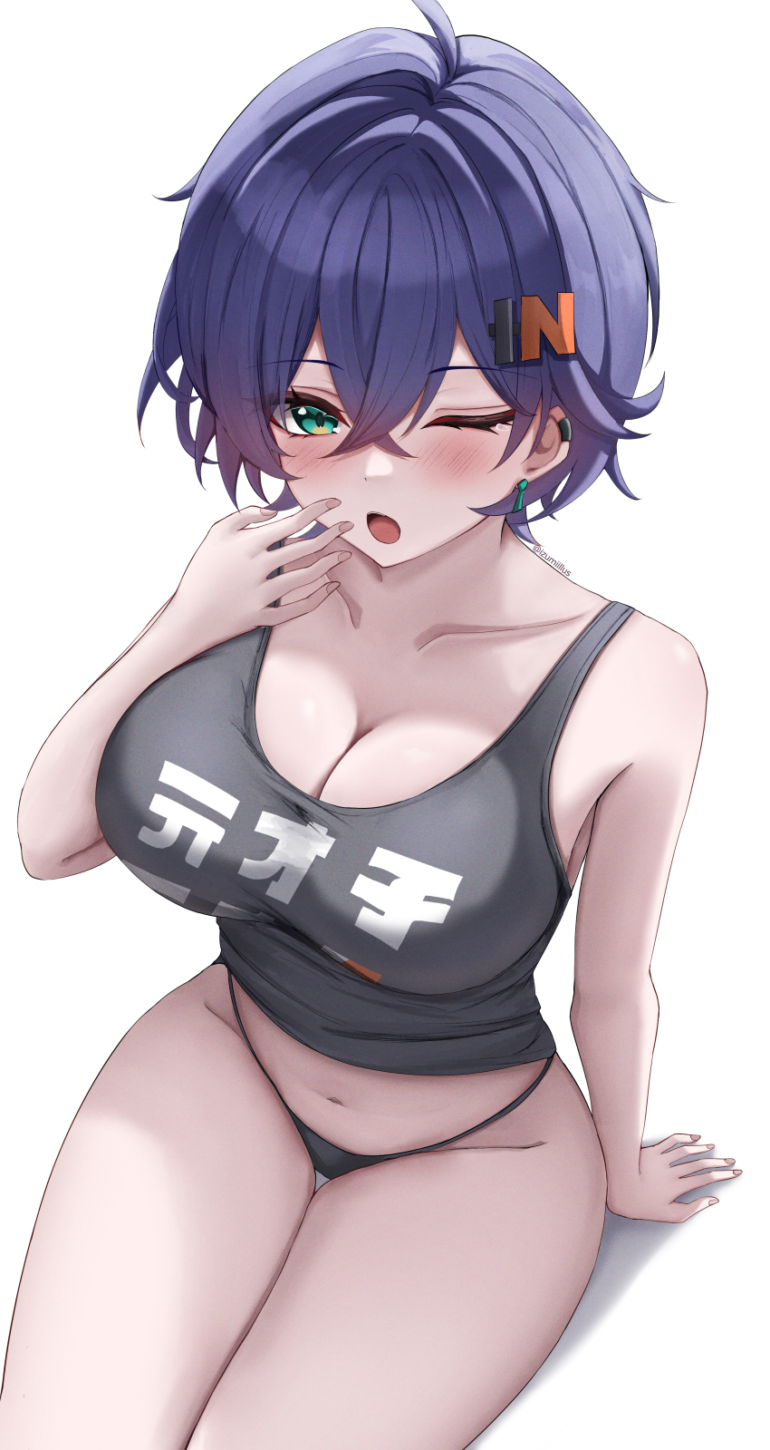 1girl absurdres belle_(zenless_zone_zero) black_panties blonde_hair blush breasts cleavage collarbone green_eyes hair_ornament highres izumiillus large_breasts looking_at_viewer navel one_eye_closed open_mouth panties short_hair simple_background solo thighs underwear white_background yawning zenless_zone_zero