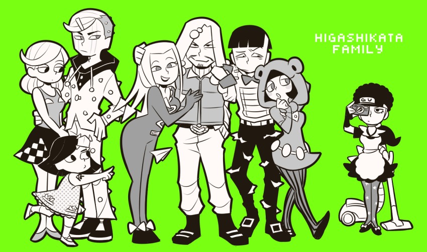 animal_ears bear_ears beard belt_buckle bodysuit bow bowtie buckle camera dress facial_hair fake_animal_ears family fingerless_gloves gloves green_background hand_on_own_hip hat higashikata_daiya higashikata_hato higashikata_jobin higashikata_joshu higashikata_mitsuba higashikata_norisuke_iv higashikata_tsurugi hood hoodie jojo_no_kimyou_na_bouken jojolion leaning_forward lipstick maid makeup monochrome nijimura_kei open_mouth pantyhose paper_airplane paper_moon_king pouty_lips skirt smile stand_(jojo) striped_clothes striped_legwear striped_pantyhose tattoo throwing trap tsunoji vacuum_cleaner vertical-striped_clothes vertical-striped_pantyhose