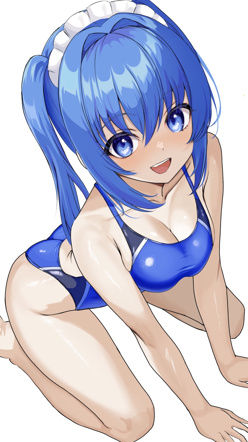 1girl absurdres blue_eyes blue_hair blue_one-piece_swimsuit breasts cleavage commission competition_swimsuit highres indie_virtual_youtuber kneeling long_hair maid_headdress medium_breasts one-piece_swimsuit open_mouth pixiv_commission rinne_hundred simple_background smile solo swimsuit taraba_(redkingtaraba) teeth upper_teeth_only virtual_youtuber white_background