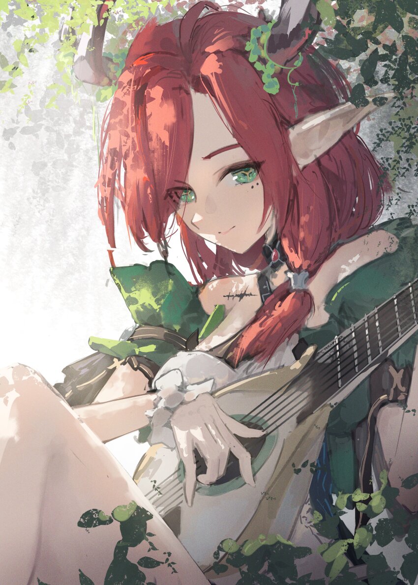 1girl absurdres bare_shoulders ciaccona_(wuthering_waves) closed_mouth commentary eien_001 green_eyes highres holding holding_instrument instrument looking_at_viewer medium_hair mole mole_under_eye multiple_moles pointy_ears red_hair sitting smile solo tacet_mark_(wuthering_waves) tree_horns wuthering_waves