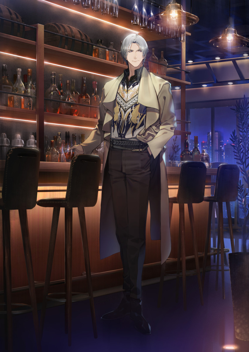 1boy alcohol bar_(place) belt black_belt black_pants black_shoes bottle ceiling_light closed_mouth coat grey_hair highres indoors keg_(container) light_and_night_love male_focus official_art open_clothes open_coat pants plant potted_plant ryota-h shirt shoes short_hair smile solo standing stool yellow_coat