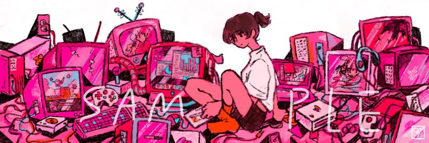 1girl ankle_socks artist_logo black_eyes brown_hair brown_shorts cable closed_mouth computer computer_keyboard computer_mouse controller crt full_body game_controller headphones junk loading_screen logo midriff_peek monitor no_sclera original pink_background pink_theme plug ponytail red_socks sample_watermark shirt short_hair short_ponytail short_sleeves shorts simple_background sitting socks solo sticky_note television tsurikawa373 watermark white_background white_shirt