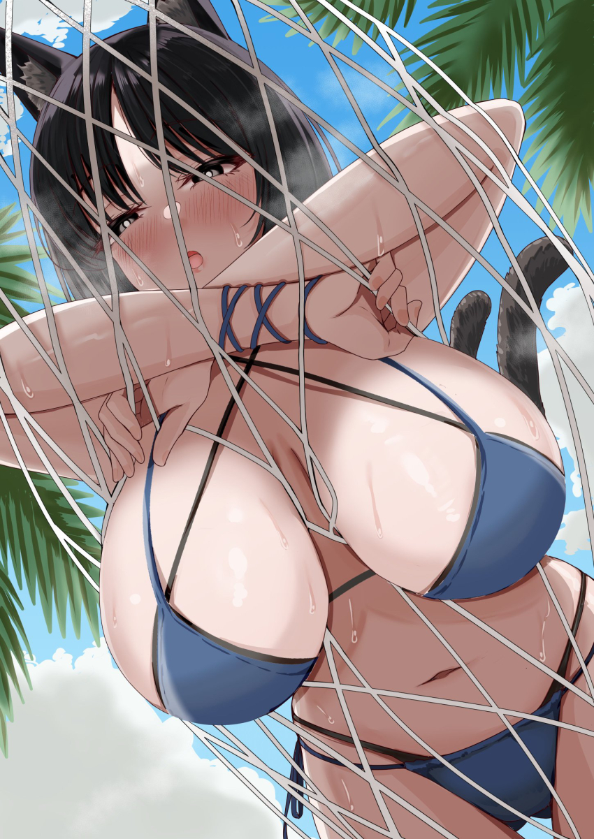 1girl alternate_breast_size animal_ears beach bikini black_eyes black_hair blue_archive blue_bikini blue_sky blush breasts cat_ears cat_girl hammock highres huge_breasts kikyou_(blue_archive) kikyou_(swimsuit)_(blue_archive) layered_bikini looking_at_viewer lying multiple_tails navel on_hammock on_stomach open_mouth palm_leaf short_hair side-tie_bikini_bottom sky solo swimsuit tail two_tails user_mewc2354