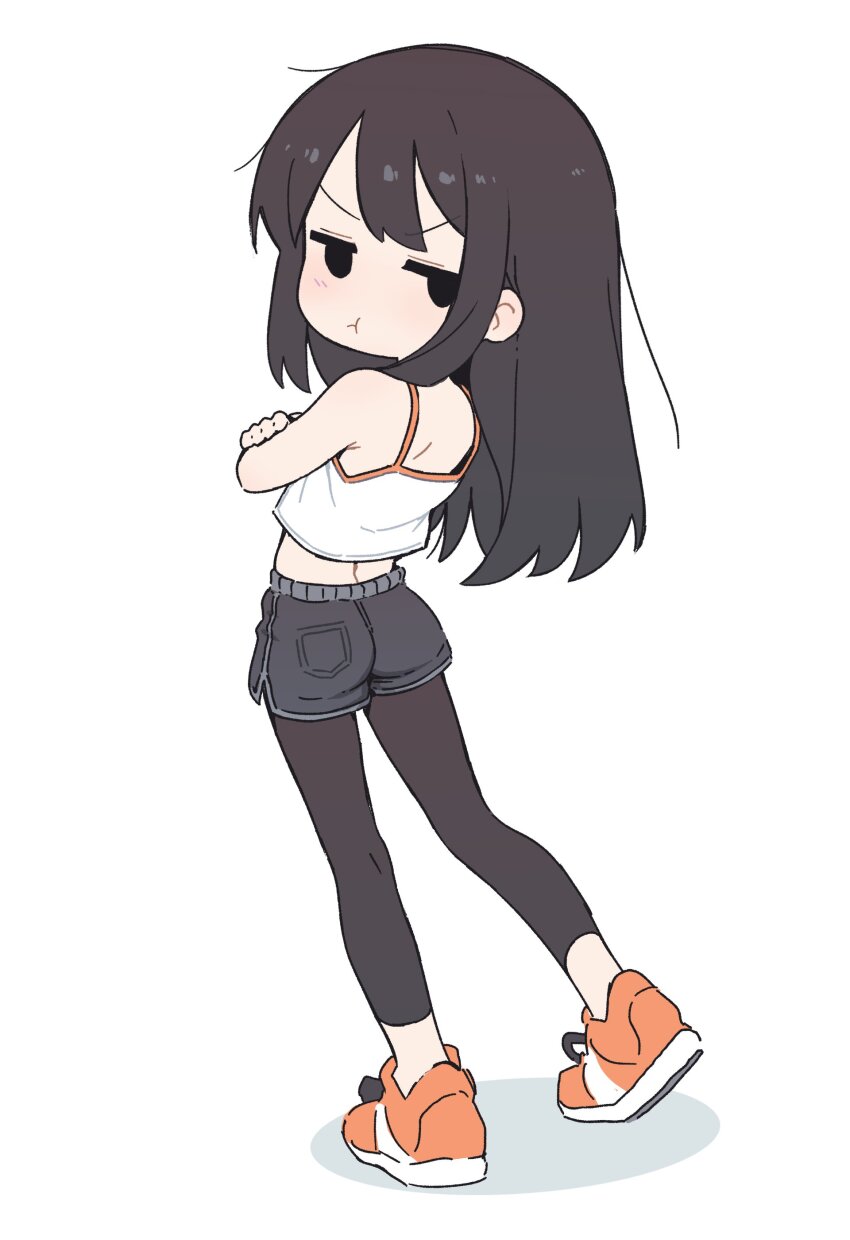1girl :t absurdres armpit_crease bare_shoulders black_eyes black_hair closed_mouth crop_top crossed_arms from_behind full_body grey_leggings grey_shorts highres jitome leggings leggings_under_shorts long_hair looking_at_viewer looking_back orange_shoes orenjipiiru original pout shirt shoes shorts sneakers solid_eyes solo standing v-shaped_eyebrows white_background white_shirt