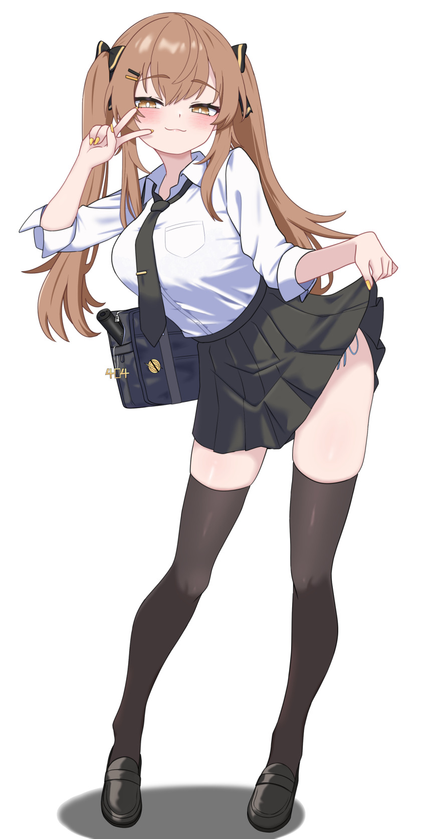1girl 404_logo_(girls&#039;_frontline) :3 =_hair_ornament absurdres alternate_costume bag bag_charm black_bag black_bow black_necktie black_shoes black_skirt black_thighhighs blush bow breast_pocket breasts bright_pupils brown_eyes brown_hair charm_(object) clothes_lift collared_shirt commentary_request contrapposto dress_shirt duplicate fingernails full_body girls&#039;_frontline girls&#039;_frontline_2:_exilium gyaru hair_bow hair_ornament hairpin half-closed_eyes hand_up highres kogal korean_commentary large_breasts legs lenna_(girls&#039;_frontline_2) lifting_own_clothes long_hair long_sidelocks looking_at_viewer miniskirt multiple_hairpins nail_polish necktie oldsickkim partially_unzipped pleated_skirt pocket satchel school_bag school_uniform seductive_smile shadow shirt shirt_tucked_in shoes side-tie_peek sidelocks simple_background skindentation skirt skirt_lift smile solo standing suppressor taut_clothes taut_shirt tented_shirt thighhighs thighs three-quarter_sleeves tie_clip twintails ump9_(girls&#039;_frontline) v white_background white_pupils white_shirt wing_collar yellow_nails zipper zipper_pull_tab