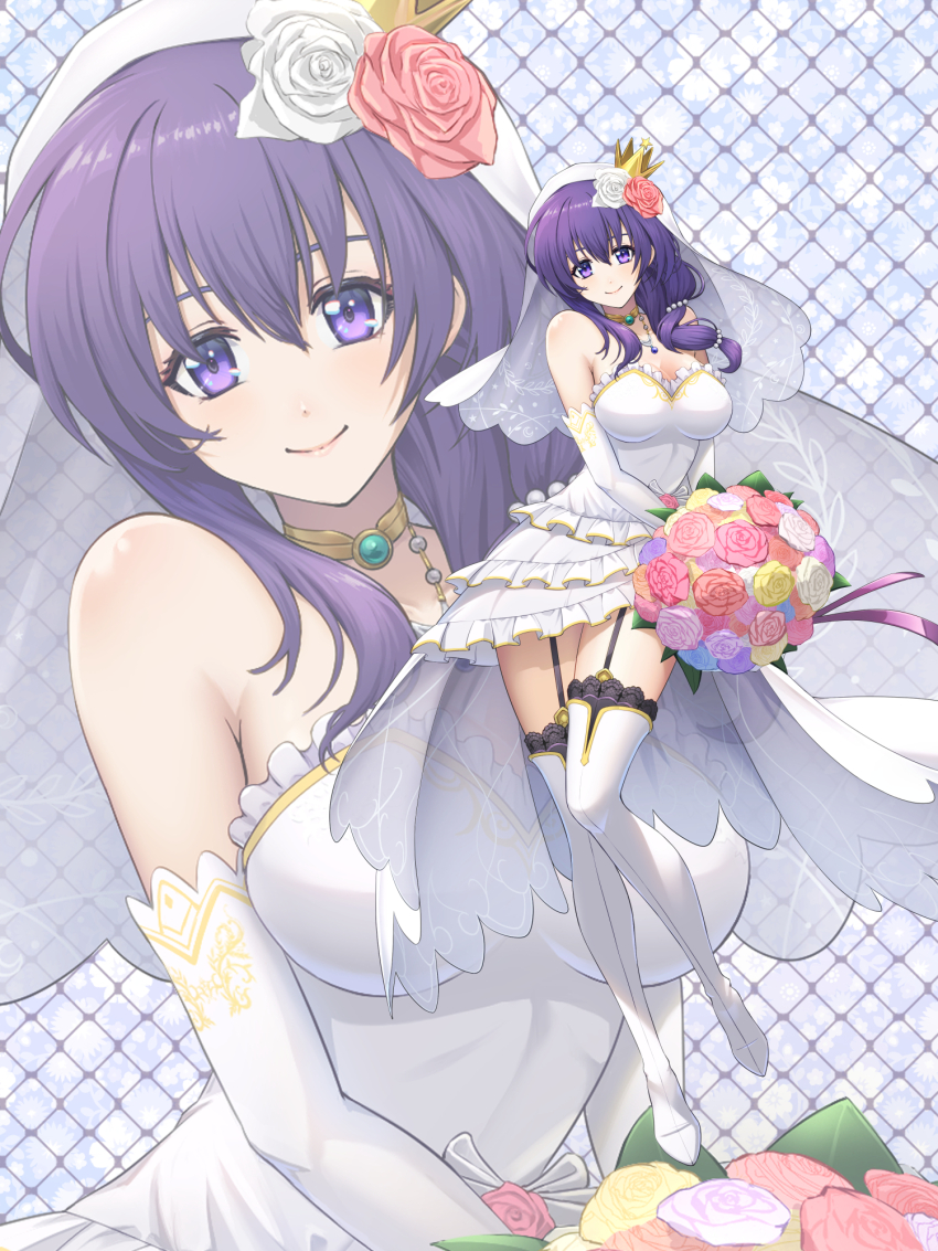 1girl boots bouquet bow breasts bridal_veil chiga_akira cleavage crown dress eiyuu_densetsu elbow_gloves flower garter_straps gloves gold_choker hair_between_eyes hair_flower hair_ornament hajimari_no_kiseki highres holding holding_bouquet jewelry large_breasts long_hair looking_at_viewer official_alternate_costume pink_flower pink_rose purple_eyes purple_hair rixia_mao rose short_dress smile solo strapless strapless_dress thigh_boots thighhighs veil wedding_dress white_boots white_bow white_dress white_flower white_gloves white_rose zoom_layer