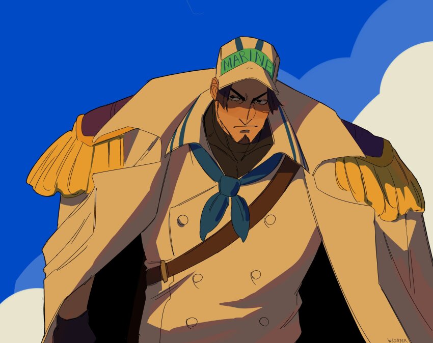 1boy blue_neckerchief blue_sky cloud coat coat_on_shoulders commentary elder_marine_brother epaulettes facial_hair gloves goatee hat highres male_focus neckerchief one_piece one_piece_fan_letter short_hair sky solo upper_body wesaier white_coat