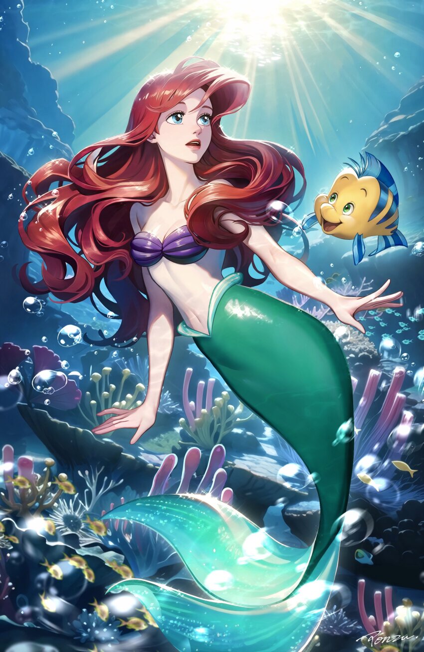 1girl absurdres ariel_(disney) bare_shoulders bikini blue_eyes breasts cleavage earrings fins fish fish_tail flounder_(the_little_mermaid) forked_tail highres jewelry long_hair looking_up mermaid midriff monster_girl open_mouth ponsu_(ponzuxponzu) red_hair red_lips shell shell_bikini shell_earrings small_breasts tail the_little_mermaid_(disney) underwater