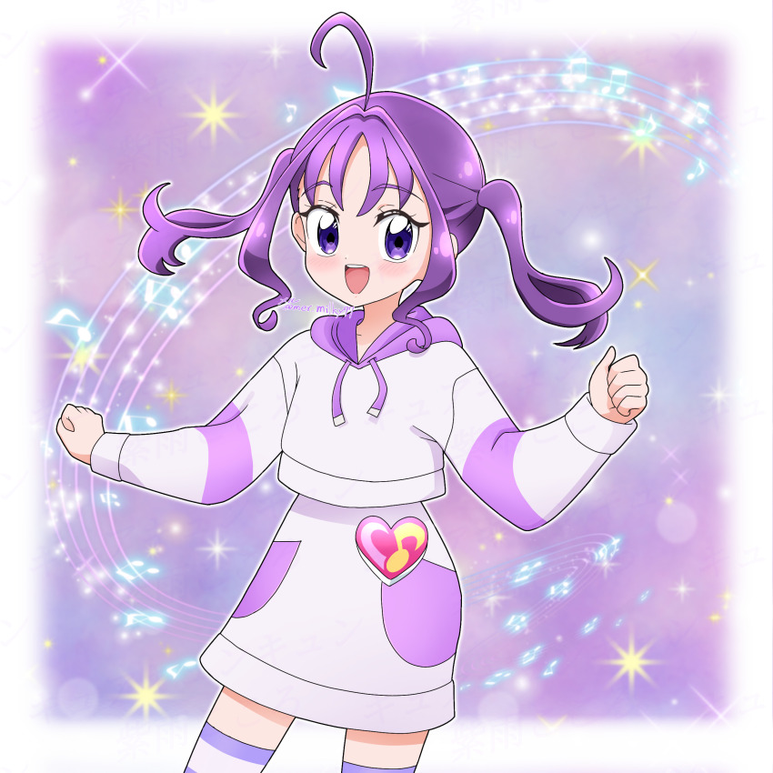 1girl :d absurdres ahoge artist_name beamed_eighth_notes blush border brooch clenched_hands commentary cowboy_shot dancing diamond-shaped_pupils diamond_(shape) dot_nose drawstring eighth_note hair_intakes hands_up heart heart_brooch heart_brooch_holder highres hood hood_down hoodie idol_heart_brooch jewelry kimi_to_idol_precure legs_apart long_sleeves looking_at_viewer medium_hair meru_(mer_milky77) musical_note musical_note_background open_mouth outside_border precure purple_background purple_eyes purple_hair purple_hoodie purple_skirt purple_thighhighs shigure_kokoro skirt smile solo sparkle sparkle_background standing symbol-shaped_pupils teeth thighhighs twintails twitter_username upper_teeth_only white_border zettai_ryouiki