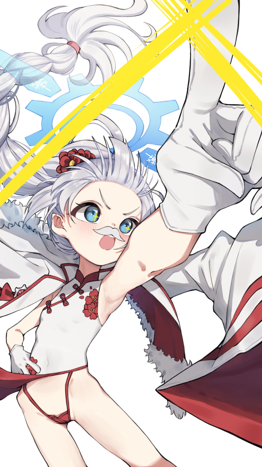 1girl absurdres armpits blue_archive blue_eyes blue_halo braid cherino_(blue_archive) cherino_(qipao)_(blue_archive) china_dress chinese_clothes dress fake_facial_hair fake_mustache floral_print floral_print_dress gloves halo hanakonenne high_braided_ponytail highres jacket jacket_on_shoulders long_hair open_mouth panties print_dress red_panties simple_background sleeveless_turtleneck_dress solo underwear white_background white_dress white_gloves white_hair