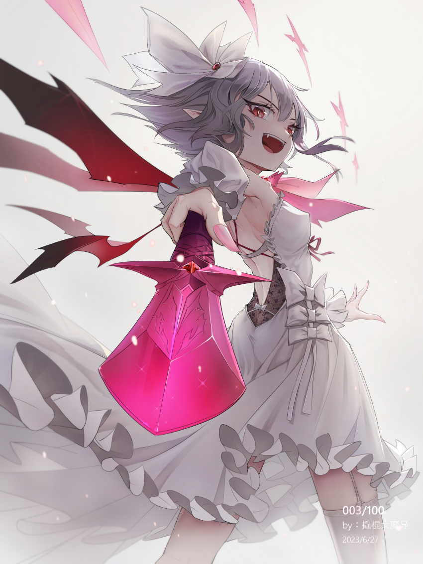 1girl absurdres alternate_costume backless_dress backless_outfit bat_wings bow commentary_request dress fangs fingernails hair_between_eyes hair_ornament highres holding holding_polearm holding_weapon jewelry long_fingernails looking_at_viewer open_mouth pink_bow pink_dress pink_nails pointy_ears polearm qiaogun_damodao red_eyes remilia_scarlet short_hair simple_background smile solo touhou weapon white_background wings wrist_cuffs