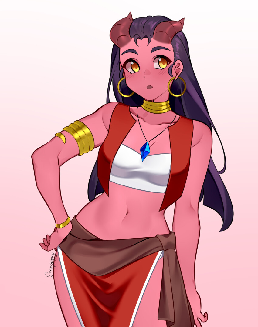 1girl absurdres adapted_costume alternate_costume armlet atlantis bandeau black_choker blue_gemstone bracelet breasts choker collar colored_skin cosplay crop_top crossover crystal dahlia_(day_of_wrath) day_of_wrath_(infinitypilot) demon demon_girl demon_horns doom_(series) doom_eternal earrings fushigi_no_umi_no_nadia gem gold gold_bracelet gold_collar gold_earrings hand_on_own_hip highres hoop_earrings horns jewelry loincloth long_hair medium_breasts midriff nadia_la_arwall neck_tattoo necklace open_clothes open_mouth open_vest orange_eyes original pelvic_curtain red_skin skirt solo strapless sunnypoppy tattoo tiefling tube_top vest