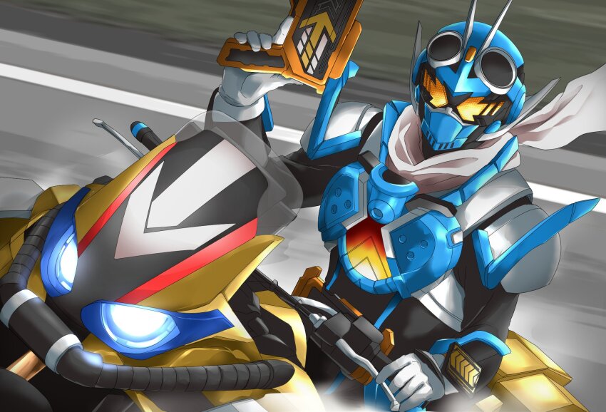 1boy armor black_bodysuit blue_armor blue_eyes bodysuit chemy chemy_riser gloves glowing glowing_eyes goggles golddash gotcha_driver gotcharge_gun gun highres holding holding_gun holding_weapon ishimori_prod kamen_rider kamen_rider_gotchard kamen_rider_gotchard_(series) male_focus miyabi_(037) motor_vehicle motorcycle orange_eyes rider_chemy_card riding scarf sparkle toei_company tokusatsu weapon white_gloves white_scarf