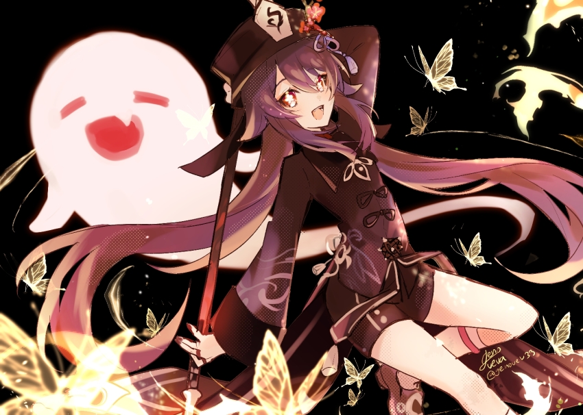 1girl black_background brown_hair brown_headwear brown_jacket brown_shorts bug butterfly fangs flat_chest genshin_impact ghost holding holding_lance holding_polearm holding_weapon hu_tao_(genshin_impact) insect jacket lance looking_back open_mouth polearm shiro_yurei shorts smile solo symbol-shaped_pupils twintails weapon