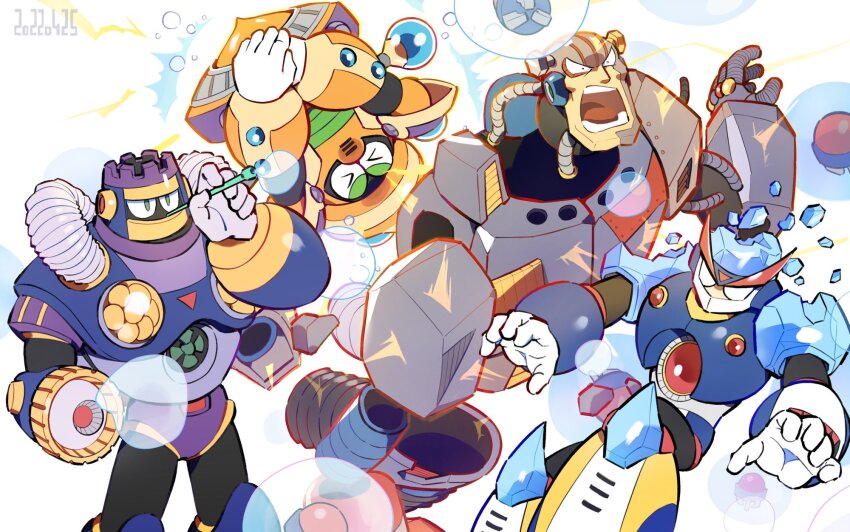 4boys bubble burst_man cable closed_eyes cloud_man covered_mouth floating freeze_man green_eyes helmet highres junk_man male_focus mega_man_(classic) mega_man_(series) mega_man_7 multiple_boys robot simple_background tsuchibori white_background