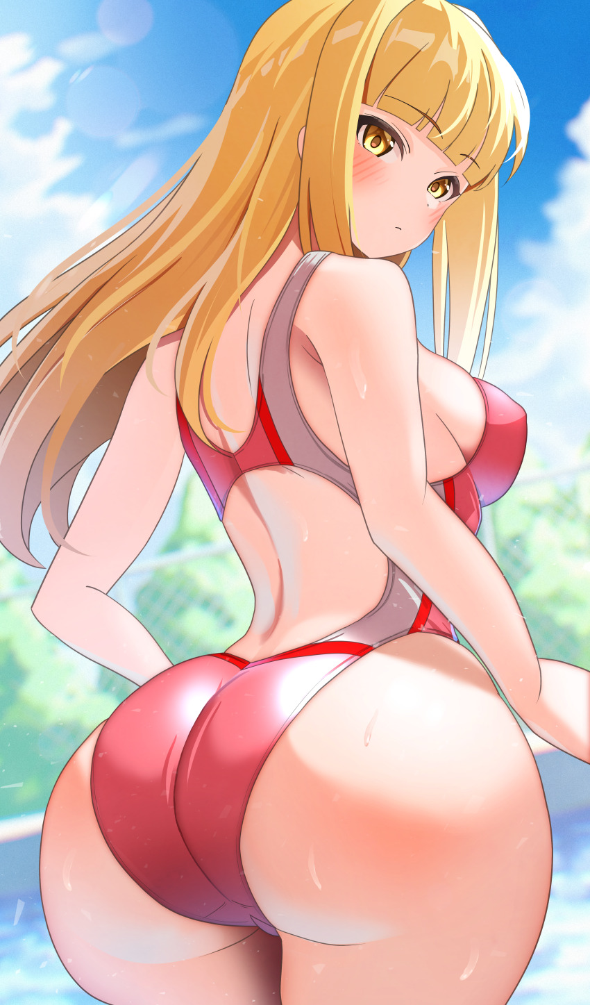 1girl absurdres ass back bare_arms blonde_hair blue_sky blunt_bangs blurry blurry_background blush breasts bush chain-link_fence cloud commentary_request commission competition_swimsuit day fence highres huge_ass long_hair looking_at_viewer medium_breasts one-piece_swimsuit outdoors pixiv_commission reed_(arknights) samurai_spirits satoyama_meu shoulder_blades sideboob sidelocks sky solo suzuhime sweat swimsuit yellow_eyes