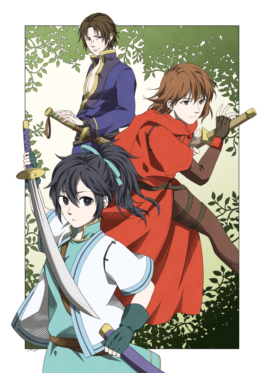 1girl 2boys absurdres black_eyes black_hair border brown_eyes brown_hair closed_mouth commentary_request fir_(fire_emblem) fire_emblem fire_emblem:_the_binding_blade highres holding holding_sword holding_weapon karel_(fire_emblem) leaf midori_no_baku multiple_boys nintendo outside_border pectoral_cleavage pectorals ponytail rutger_(fire_emblem) sheath sheathed standing sword weapon white_border