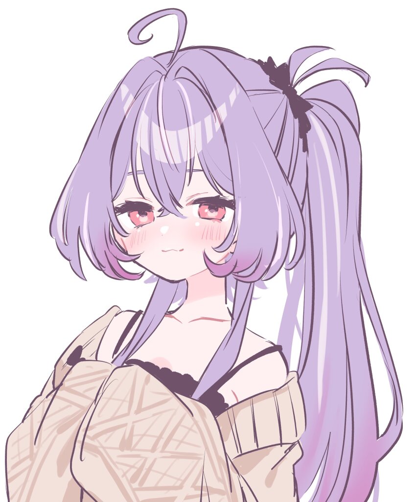1girl :3 absurdres ahoge black_bow black_camisole bow camisole crossed_bangs hair_between_eyes highres hiyoku_no_crosspiece kino_haruc long_hair long_sleeves looking_at_viewer nanashi_inc. off-shoulder_sweater off_shoulder ponytail purple_hair red_eyes shisui_kiki simple_background sleeves_past_fingers sleeves_past_wrists smile sweater upper_body virtual_youtuber white_background