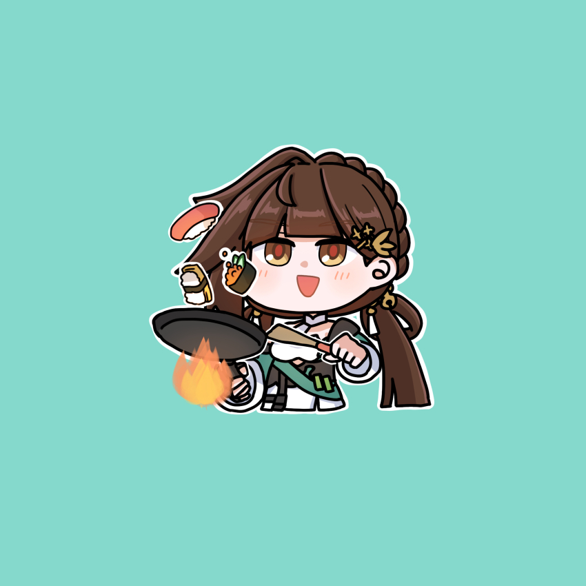 1girl :d blue_background blush braid breasts brown_eyes brown_hair chibi commentary_request cooking cropped_torso fire fish_(food) food frying_pan highres holding honkai_(series) honkai_impact_3rd jacket li_sushang long_hair medium_breasts mokkyo_(motkyo) nigirizushi open_mouth outline simple_background single_hair_intake smile solo sushi upper_body white_jacket white_outline