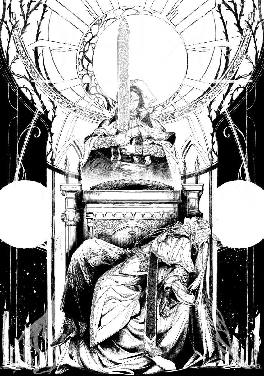 2boys absurdres bloodborne boots branch cape chain chain_belt chair cross-laced_clothes cross-laced_gloves cross-laced_sleeves fence gauntlets gloves greyscale highres holding hood hood_up hooded_cape kalianabokalisi laurence_the_first_vicar_(human) ludwig_the_accursed lying male_focus medallion monochrome moonlight_greatsword multiple_boys neck_ribbon on_back on_chair ribbon robe sash