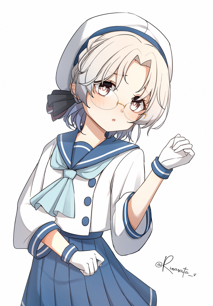1girl aticsanir blue_neckerchief blue_sailor_collar blue_skirt brown_eyes glasses gloves grey_hair hat highres hirato_(kancolle) kantai_collection long_sleeves neckerchief pleated_skirt sailor_collar sailor_hat school_uniform serafuku short_hair skirt solo wavy_hair white_gloves white_hat