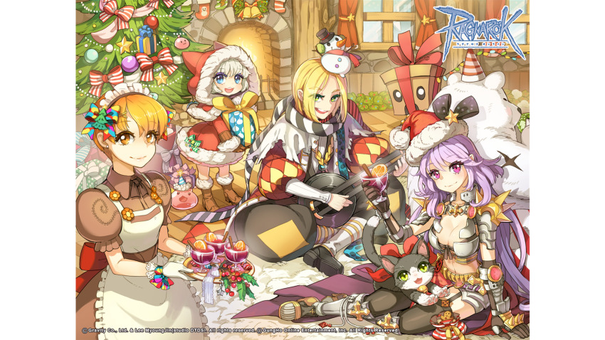 1boy 3girls :3 animal_hood apron argyle_clothes argyle_coat armor armored_boots baggy_pants bear bell bikini_armor black_cat black_gloves black_pants black_scarf black_thighhighs black_vest blonde_hair blue_eyes blue_scarf blush boots bow box breasts brown_dress brown_gloves carpet cat cat_hood christmas christmas_stocking christmas_tree cinnamon_stick cleavage closed_mouth coat cocktail copyright_notice cowboy_shot cross_of_prontera dress earrings fire fireplace food frilled_apron frills fruit full_body fur-trimmed_boots fur-trimmed_hood fur_trim garter_straps gift gift_box gloves green_eyes grey_hair guitar hat hat_ornament highres holding holding_instrument hood indian_style indoors instrument jewelry juliet_sleeves kafra_uniform large_breasts logo long_sleeves looking_at_viewer maid maid_headdress minstrel_(ragnarok_online) multiple_girls myst_case official_art official_wallpaper open_mouth orange_(fruit) orange_eyes orange_hair orange_slice pants party_hat polar_bear polka_dot polka_dot_scarf poring puffy_short_sleeves puffy_sleeves ragnarok_online red_bow red_coat red_hood red_scarf roxie_(ragnarok_online) rune_knight_(ragnarok_online) scarf shirt short_hair short_sleeves sitting slime_(creature) small_breasts smile snowman spiked_pauldrons standing star_(symbol) star_hat_ornament striped_bow striped_clothes striped_scarf stud_earrings summoner_(ragnarok_online) taruk thighhighs vambraces vest white_apron white_bow white_gloves white_scarf white_shirt wildrose window wooden_floor yokozuwari