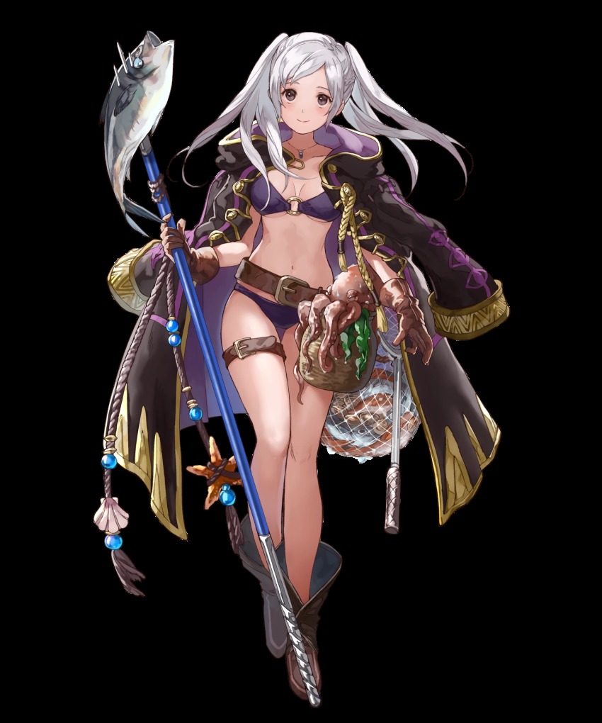 1girl @storm5958 belt bikini boots braid breasts brown_eyes cleavage coat crown_braid female_focus female_robin_(fire_emblem) female_robin_(seaside_tactician)_(fire_emblem) fire_emblem fire_emblem_awakening fire_emblem_heroes fish full_body gloves highres holding holding_weapon jake_brito jewelry lauren_landa long_coat long_hair looking_at_viewer medium_breasts navel necklace nintendo o-ring o-ring_bikini octopus official_alternate_costume official_art sawashiro_miyuki smile solo standing starfish swimsuit thigh_strap transparent_background underboob voice_actor_connection weapon