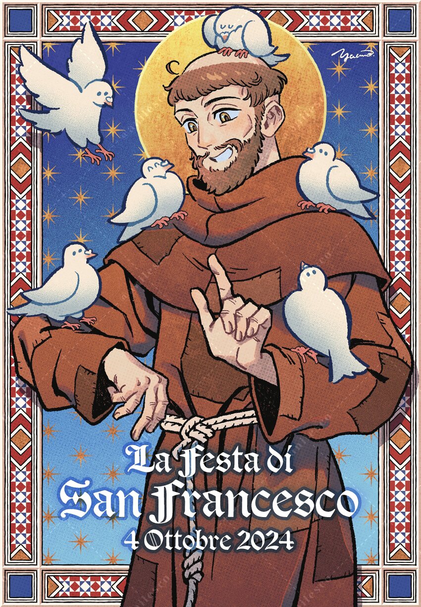 1boy absurdres anilesco animal animal_on_head animal_on_shoulder beard bird bird_on_head bird_on_shoulder brown_eyes brown_facial_hair brown_hair brown_robe christian_mythology dated dove facial_hair geometric_pattern grin halo halo_behind_head hands_up happy highres italian_text looking_down male_focus mixed-language_commentary monk on_head patchwork_clothes pointing pointing_up real_life robe rope_belt saint_francis_of_assisi signature smile solo star_(symbol) upper_body white_bird