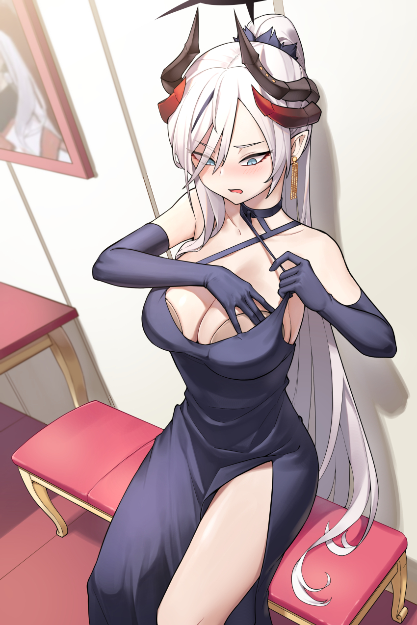 1girl absurdres black_dress black_gloves black_horns blue_archive blue_eyes blush breast_padding breasts commentary_request criss-cross_halter dress earrings elbow_gloves gloves hair_ornament hair_over_one_eye hair_scrunchie halo halter_dress halterneck high_ponytail highres horns indoors jewelry korean_commentary large_breasts long_hair looking_down makoto_(blue_archive) makoto_(dress)_(blue_archive) multicolored_hair multiple_horns official_alternate_costume on_bench parted_lips pointy_ears police_riot_(artist) ponytail scrunchie shadow side_slit sitting solo streaked_hair table white_hair