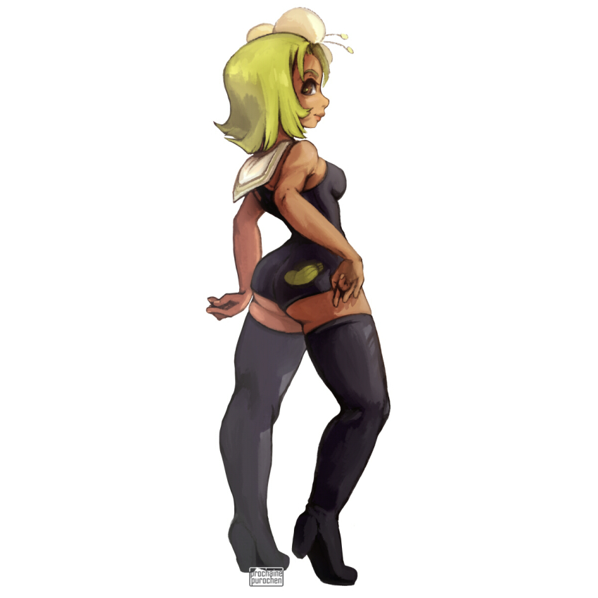 1girl alizee ass black_thighhighs boots breasts brown_eyes commentary cosplay dark-skinned_female dark_skin detached_collar female_focus flower from_behind full_body green_hair hair_flower hair_ornament highres leotard lips purochen real_life real_life_insert sadida short_hair solo thigh_boots thighhighs thighs wakfu