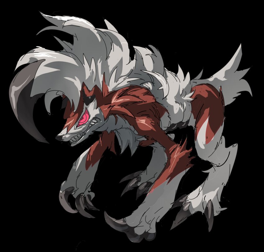 black_background claws clenched_teeth gen_7_pokemon highres leaning lycanroc lycanroc_(midnight) nintendo no_humans pokemon pokemon_(creature) red_fur sharp_teeth solo teeth white_fur white_tail xiaopizi32439