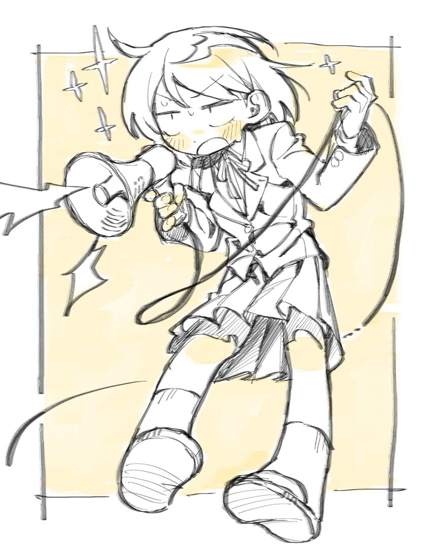 1girl futsuu_no_keion-bu highres long_sleeves monochrome open_mouth original ribbon rra_(yj) school_uniform shoes short_hair sketch skirt solo sparkle yellow_theme