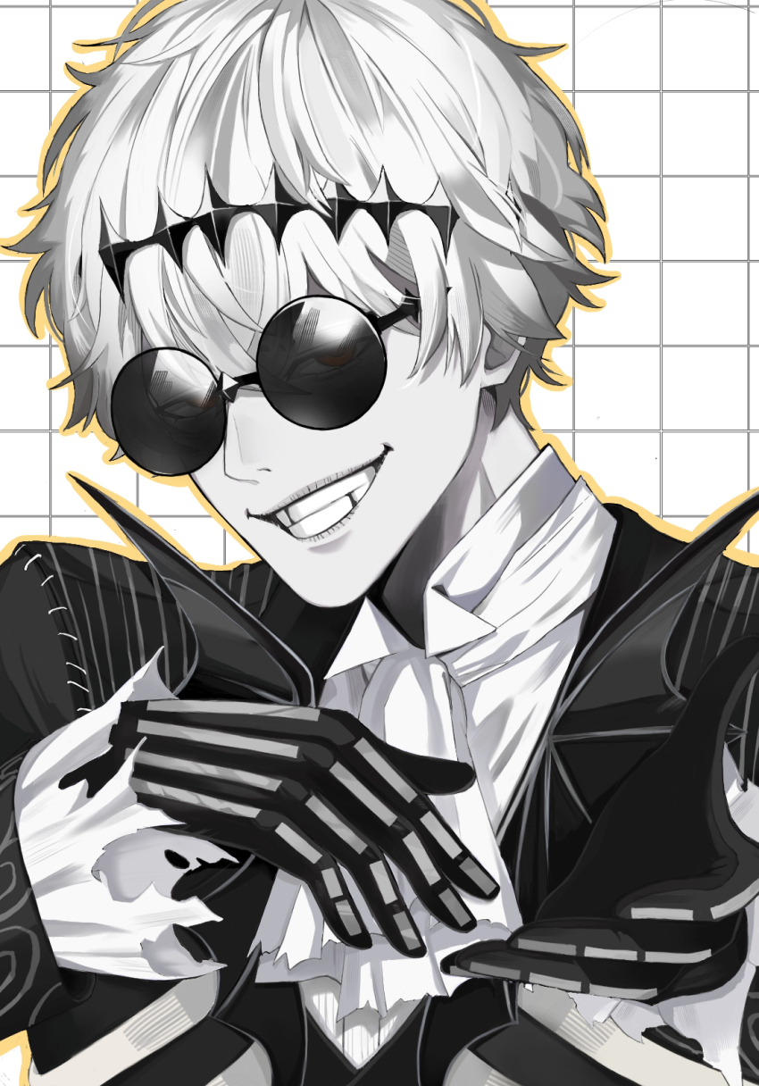 1boy ascot black_coat black_gloves coat gloves grid_background grin highres looking_at_viewer male_focus missing_tooth moyo_(user_dmpg7223) round_eyewear short_hair skully_j._graves smile solo sunglasses twisted_wonderland white_ascot white_background white_hair