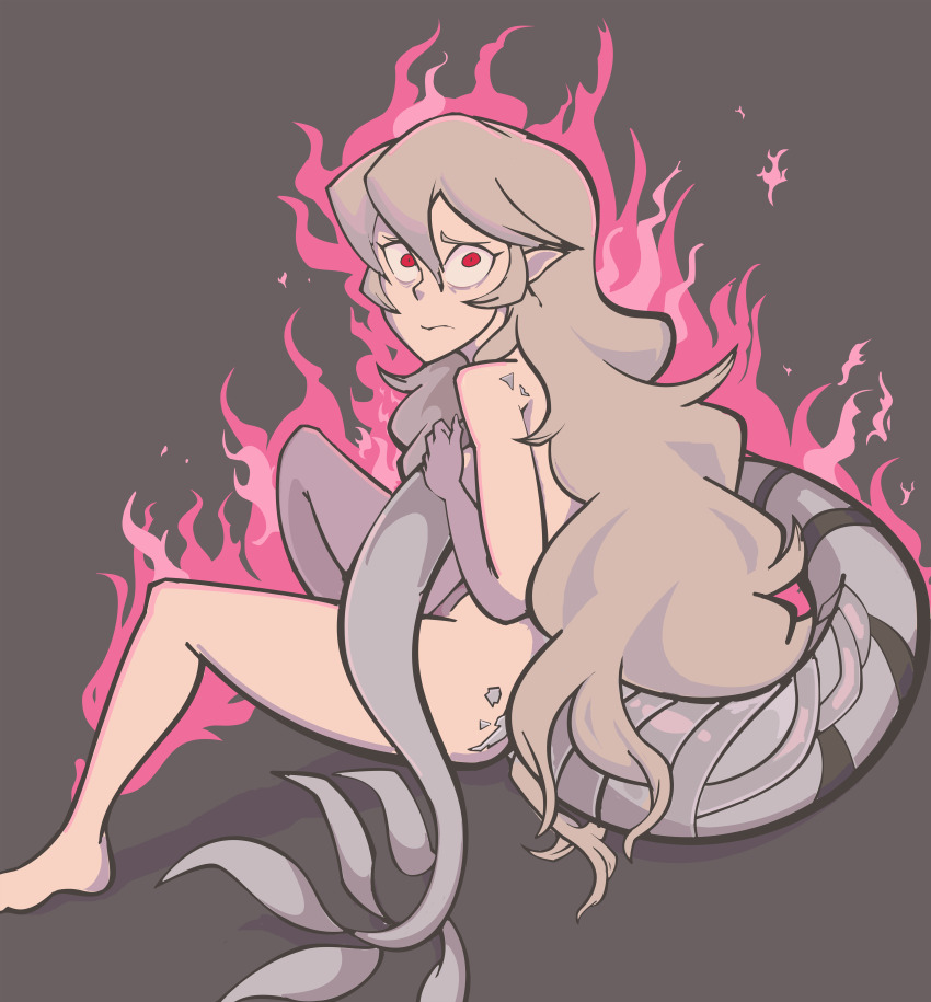 1girl absurdres armpits ass barefoot breasts completely_nude corrin_(female)_(fire_emblem) covering_breasts covering_privates davewaterfalls dragon_girl dragon_tail embarrassed energy eyelashes feet female_focus fire_emblem fire_emblem_fates from_behind full_body grey_background groin hair_between_eyes hair_censor hairband hands_up highres holding_own_tail intelligent_systems knees_up legs long_hair looking_at_viewer looking_back medium_breasts midriff_peek neck nintendo nude pointy_ears red_eyes scales sideboob sidelocks simple_background sitting soles tail thighs turning_head unworn_hairband wavy_hair white_hair