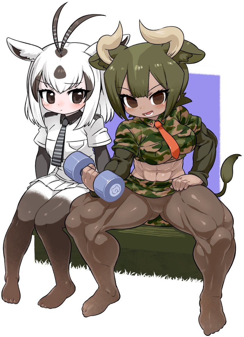 2girls animal_ears antenna_hair arabian_oryx_(kemono_friends) aurochs_(kemono_friends) black_eyes bodystocking breast_pocket breasts brown_eyes brown_hair brown_legwear camouflage camouflage_shirt camouflage_skirt chibi closed_mouth collared_shirt cow_ears cow_girl cow_horns cow_tail cropped_shirt dark-skinned_female dark_skin empty_eyes extra_ears full_body gazelle_ears gluteal_fold green_hair highres horns kemono_friends knees_together_feet_apart kuro_(kurojill) layered_sleeves long_sleeves looking_at_another looking_at_object medium_hair microskirt midriff multicolored_hair multiple_girls muscular muscular_female navel necktie no_shoes open_mouth pantyhose parted_bangs pocket print_shirt print_skirt raised_eyebrow shirt short_over_long_sleeves short_sleeves sidelocks sitting skirt smile spread_legs stomach tail tan toes twisted_torso two-tone_hair white_hair wing_collar