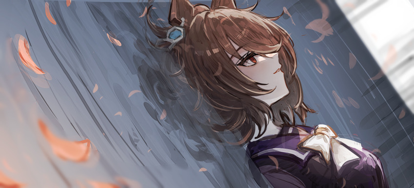 1girl agnes_tachyon_(umamusume) animal_ears black_sailor_collar black_shirt bow bowtie brown_hair chemical_structure earrings hair_between_eyes highres horse_ears horse_girl jewelry leaf long_hair lying multiple_girls on_back on_ground parted_lips partially_submerged red_eyes sailor_collar shirt siena_(moratoriummaga) single_earring solo umamusume white_bow white_bowtie