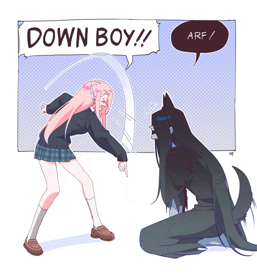 &gt;_&lt; +++ 1boy 1girl animal_ears bbabbamis2 black_hair black_kimono black_sweater blue_background commentary_request dog_boy dog_ears dog_tail down_boy!!_(meme) english_text heroine_(homicipher) highres homicipher japanese_clothes kemonomimi_mode kimono korean_commentary long_hair meme mr._crawling pink_hair pointing pointing_down school_uniform skirt sweater tail very_long_hair