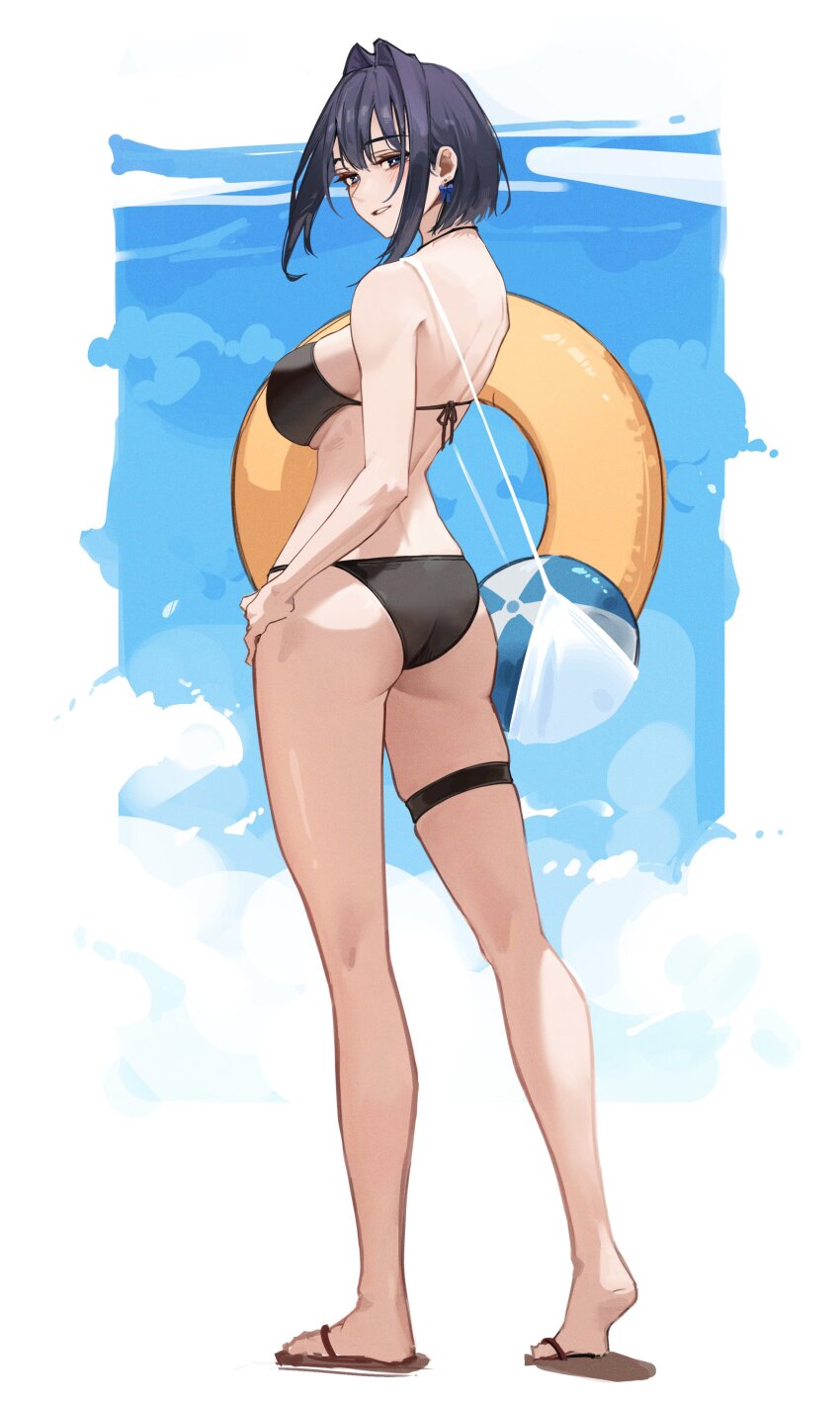 1girl absurdres ass ball beachball bikini black_bikini blue_eyes blue_hair blue_sky bow bow_earrings breasts cloud day earrings edwin62293123 from_behind full_body hair_intakes halterneck hand_on_own_hip hashtag-only_commentary highres holding holding_swim_ring hololive hololive_english innertube jewelry large_breasts looking_at_viewer looking_back median_furrow ouro_kronii outdoors parted_lips sandals short_hair sky solo string_bikini swim_ring swimsuit thigh_strap virtual_youtuber