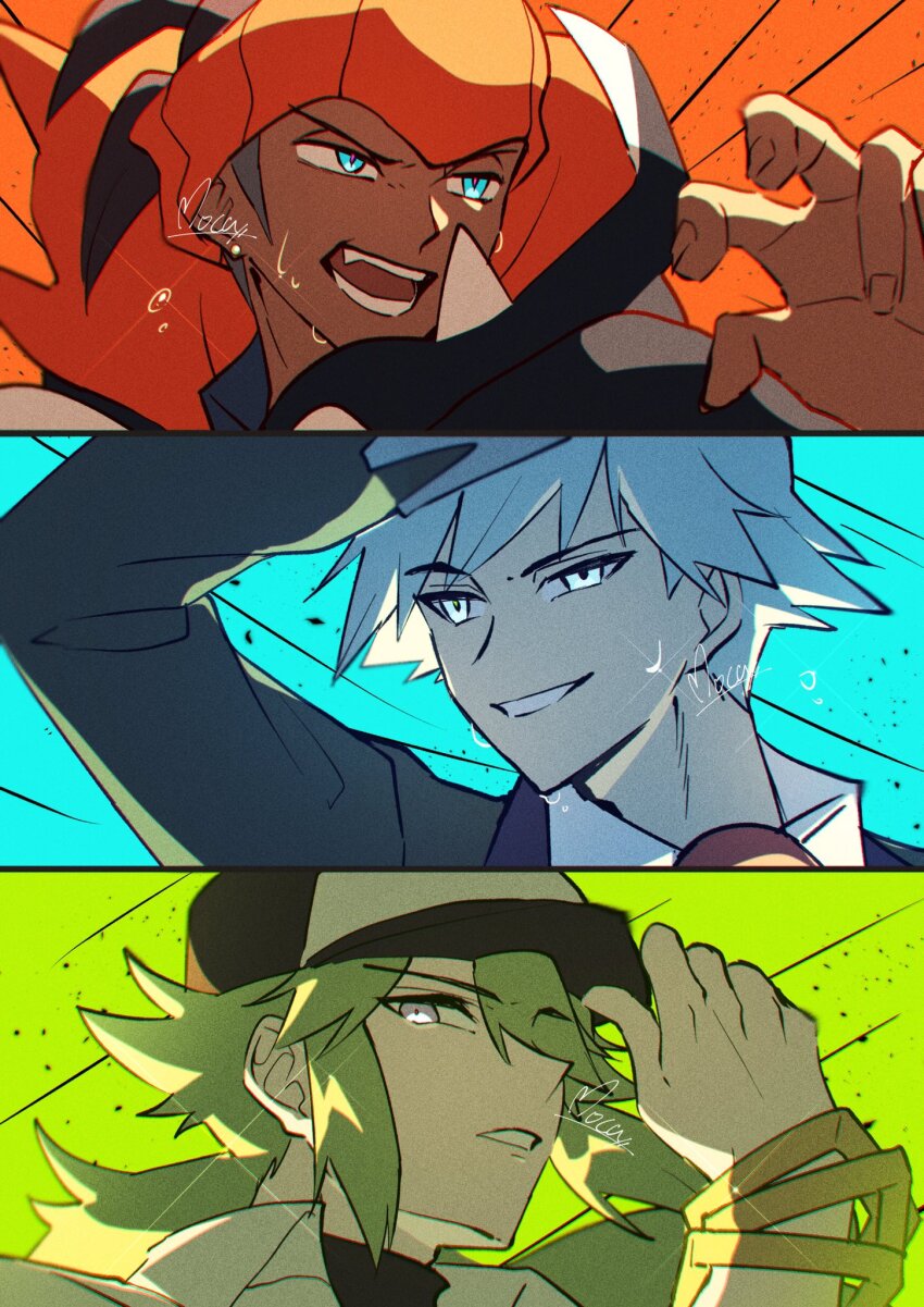 3boys bangle black_hoodie blue_eyes bracelet collared_shirt green_hair hand_up hat headband highres hood hoodie jacket jewelry long_hair male_focus mocacoffee_1001 multiple_boys n_(pokemon) nintendo open_mouth orange_headband pokemon pokemon_bw pokemon_oras pokemon_swsh raihan_(pokemon) shirt short_hair signature steven_stone sweat teeth white_shirt