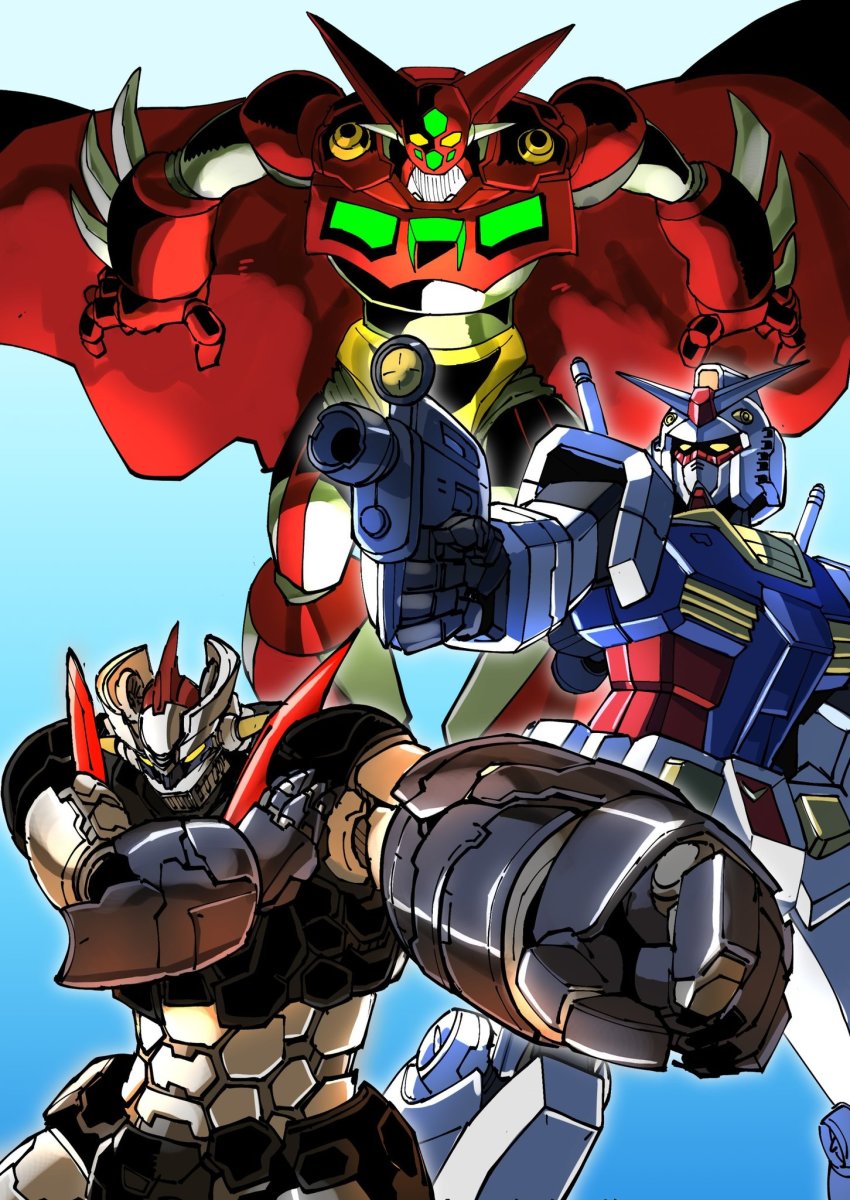 amakawa_mayu cape clenched_hand crossover getter-1 getter_robo green_eyes gun gundam highres holding holding_gun holding_weapon mazinger_(series) mazinger_z mazinger_z:_infinity mazinger_z_(mecha) mecha mecha_focus mobile_suit mobile_suit_gundam multiple_crossover open_hands red_cape robot rx-78-2_gundam science_fiction shin_getter_robo super_robot super_robot_wars super_robot_wars_30 v-fin weapon yellow_eyes