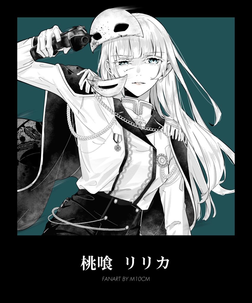 1girl blue_eyes desert_eagle gloves gun handgun highres holding holding_gun holding_weapon jacket kakegurui long_hair looking_at_viewer m10cmdesu mask military military_jacket military_uniform momobami_ririka solo weapon