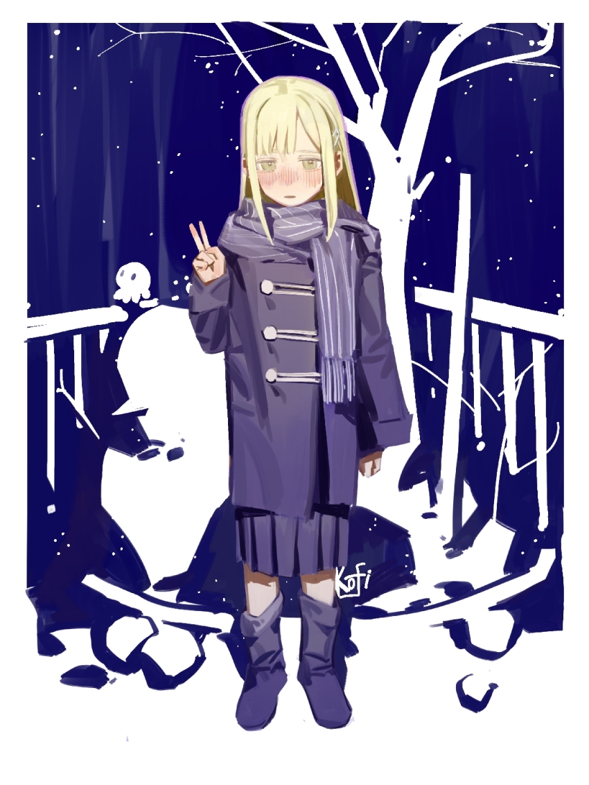 1girl bang_dream! bang_dream!_it&#039;s_mygo!!!!! blonde_hair blue_background blue_boots blue_coat blue_scarf blue_skirt blush boots border chinese_commentary coat commentary_request full_body hair_ornament hairclip hand_up highres kofi-mo long_hair long_sleeves looking_at_viewer pleated_skirt scarf sidelocks skirt snow snowing solo standing tree v wakaba_mutsumi white_border winter_clothes yellow_eyes