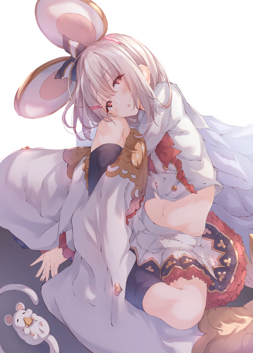 1girl absurdres animal_ears black_bow black_socks blush bow bowtie buttons crop_top double-breasted fake_animal_ears frilled_skirt frills granblue_fantasy hair_ornament hairclip head_on_knee head_tilt highres holding_own_leg indian_style knee_up long_sleeves looking_at_viewer midriff miniskirt mouse_(animal) mouse_ears navel parted_lips red_eyes short_hair sitting skirt socks solo stomach ukiwakisen vikala_(granblue_fantasy) white_hair white_skirt wide_sleeves