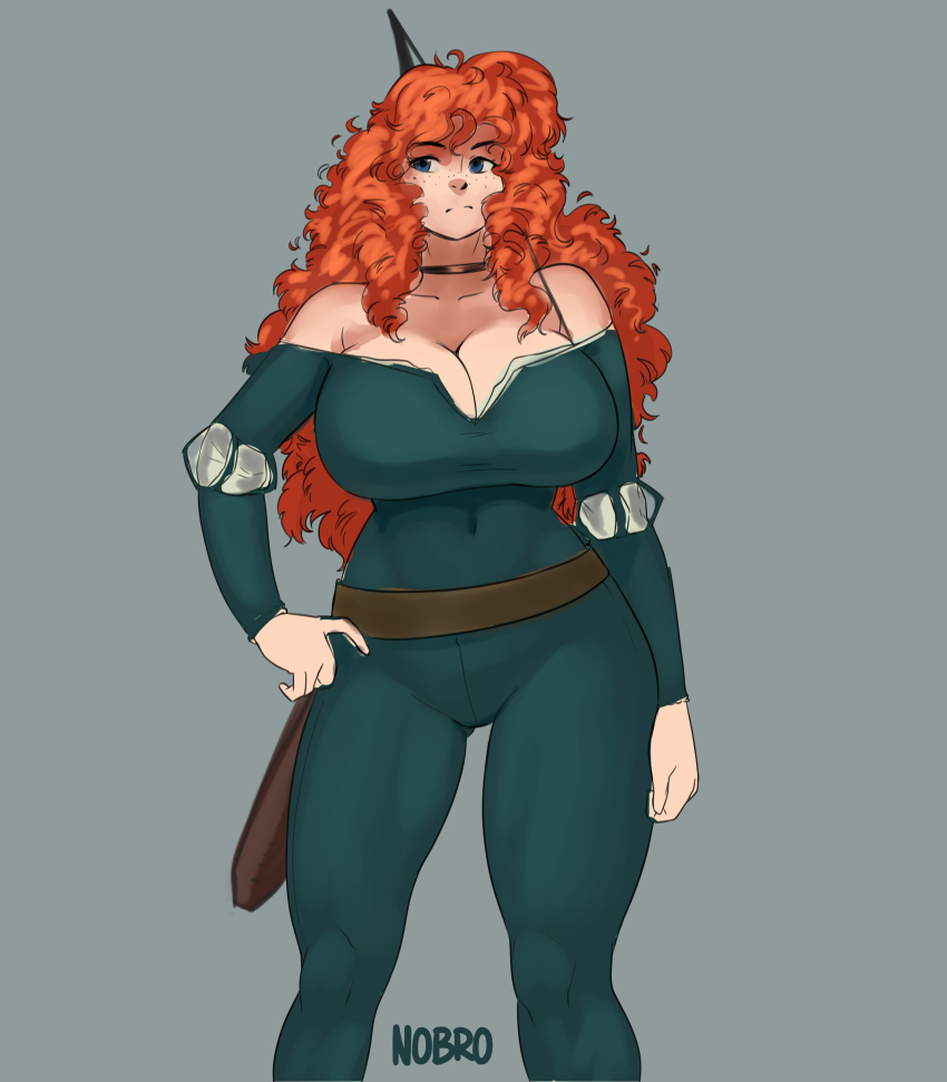 1girl absurdres blue_eyes bodysuit bow brave_(disney) brave_(pixar) breasts choker cleavage curly_hair disney freckles hand_on_own_hip highres large_breasts merida_(brave) muscular_legs nobro pixar red_hair scabbard sheath