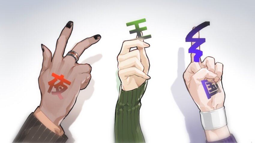 1girl 2boys black_nails censored censored_gesture dark-skinned_male dark_skin fuwa_minato gwelu_os_gar hand_focus jewelry jip middle_finger multiple_boys night_kingdom_(nijisanji) nijisanji ring shirayuki_tomoe v virtual_youtuber white_background