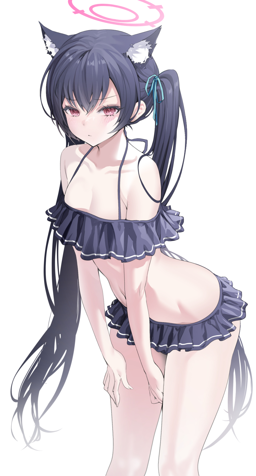 1girl absurdres animal_ear_fluff animal_ears bikini bikini_skirt black_bikini black_hair blue_archive blush breasts cat_ears cat_girl cleavage closed_mouth collarbone commentary_request extra_ears frilled_bikini frills hair_between_eyes halo highres laseri leaning_forward long_hair looking_at_viewer medium_breasts navel off-shoulder_bikini off_shoulder official_alternate_costume pink_halo red_eyes serika_(blue_archive) serika_(swimsuit)_(blue_archive) simple_background solo standing swimsuit thighs twintails v-shaped_eyebrows very_long_hair white_background